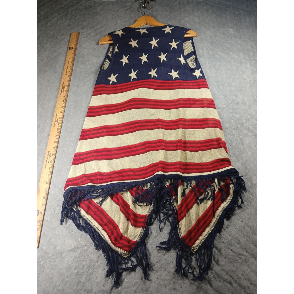 Say What Womens American Flag Knit Fringe Vest Red White Blue Stars Stripes L - Picture 6 of 6